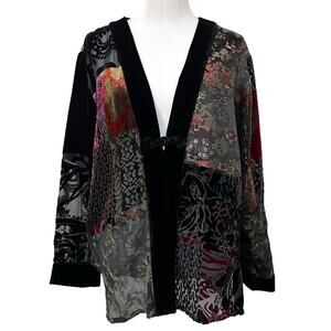 Chicos Patchwork Velvet Burnout Silk Top Kimono Jacket Black Floral Sz L (2)
